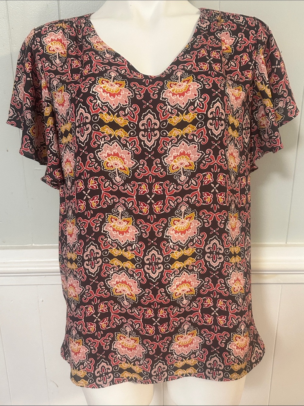Talbots Brown Floral Print V-Neck Blouse with Pink and Mustard Accents